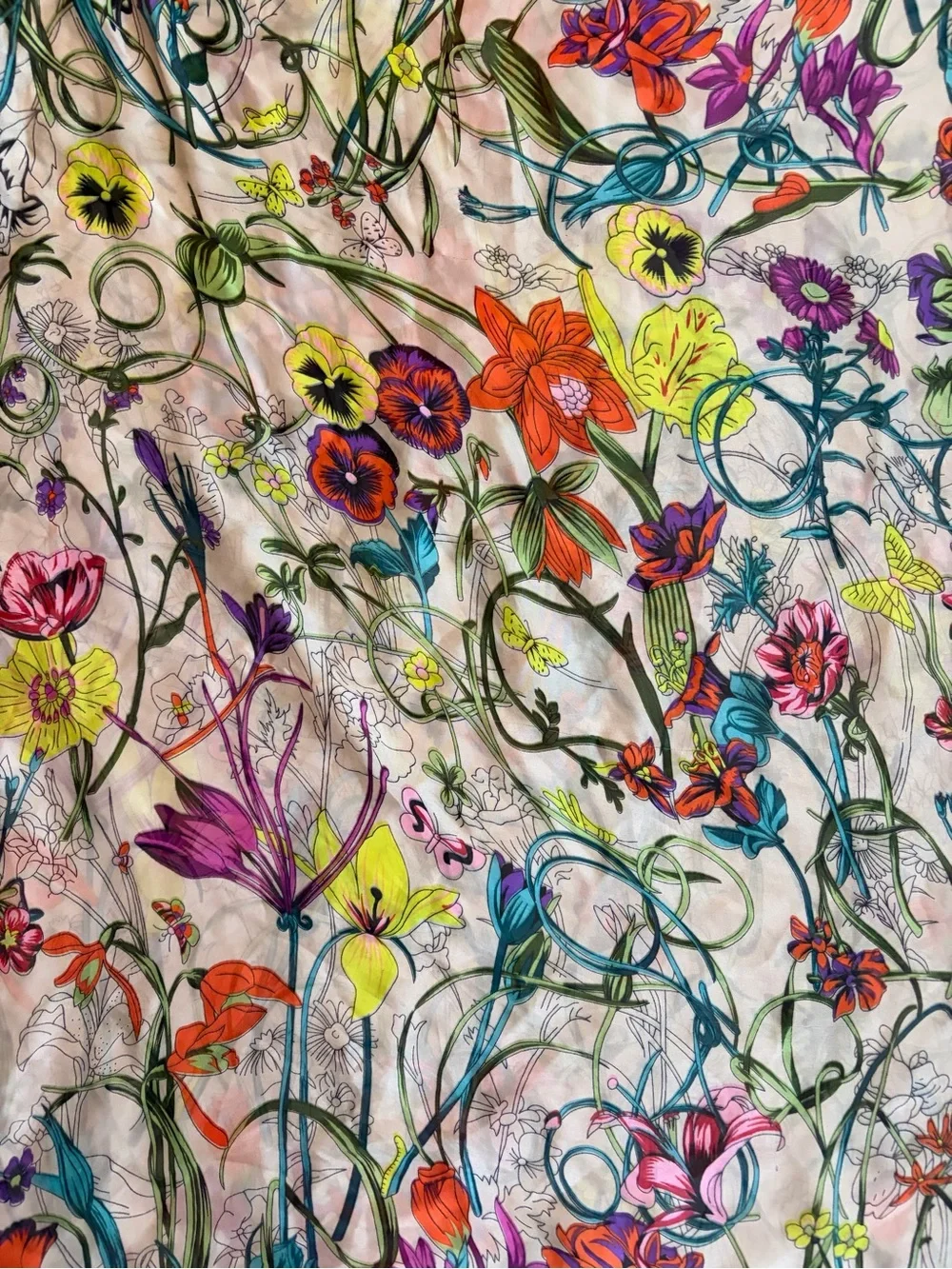 Floral Lightweight Botanical Scarf in Teal Trim vintage silk